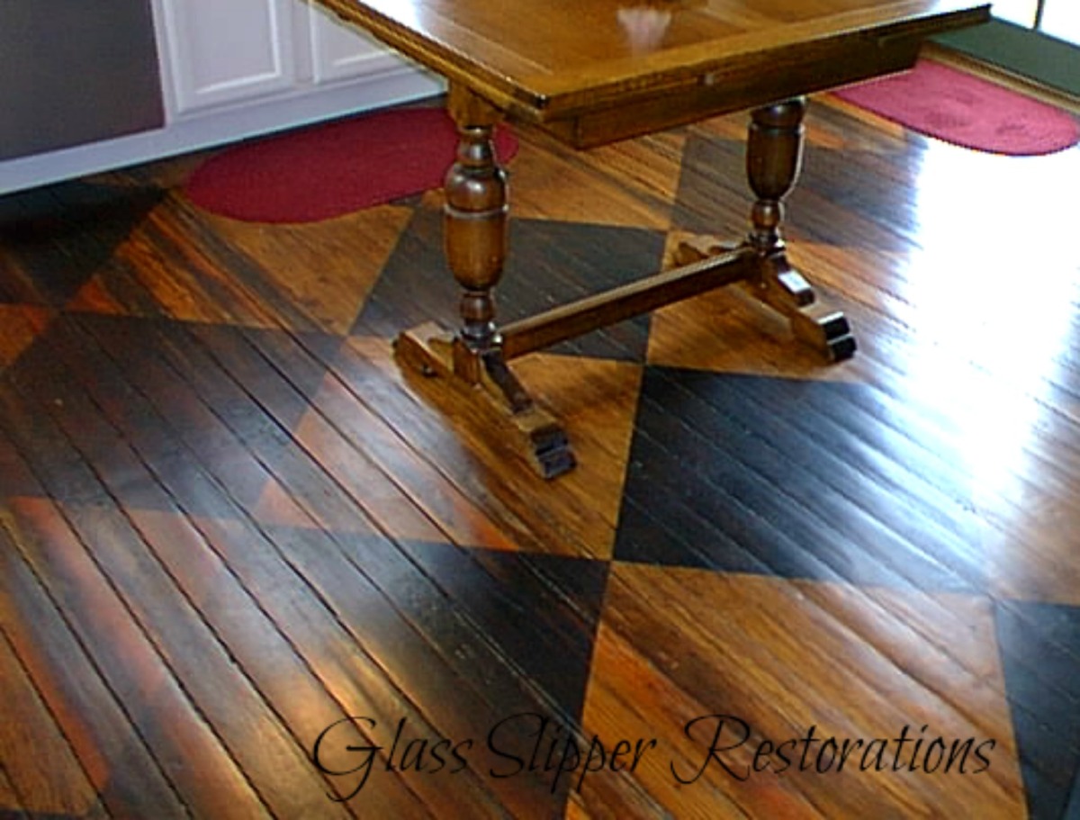 Hand-stained checkerboard long-leaf pine flooring